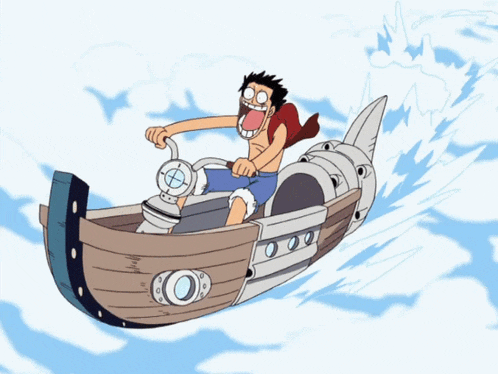 a cartoon of a man in a boat with a steering wheel