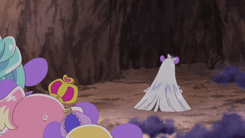a cartoon character with a crown on her head is standing in a cave