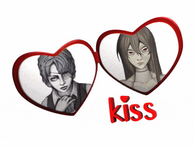a picture of a man and a woman with the word kiss underneath