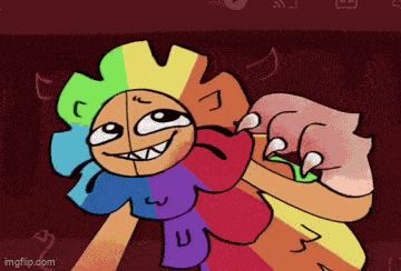 a cartoon drawing of a flower with a rainbow of colors on it