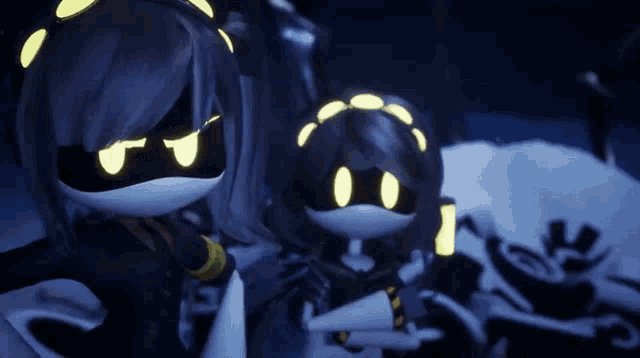 two cartoon characters are standing next to each other in the dark