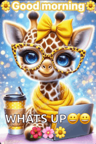 a giraffe wearing glasses and a yellow bow is holding a laptop and a cup of coffee ..
