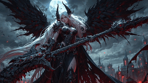 a woman with horns is holding a large sword