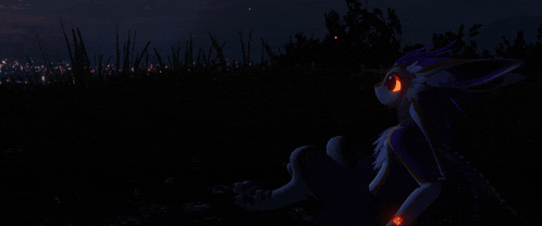 a purple and white animal with orange eyes is sitting in a dark field