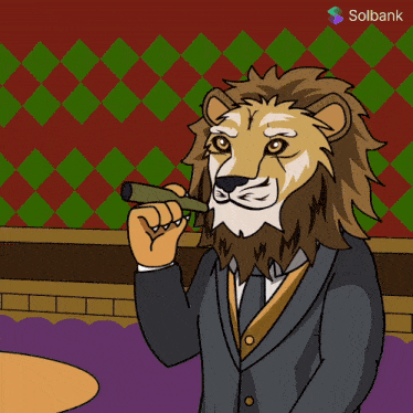 a cartoon of a lion in a suit smoking a cigar with the word solbank below it
