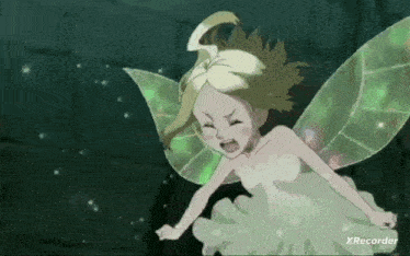 a fairy with green wings and a white dress is flying in the air .