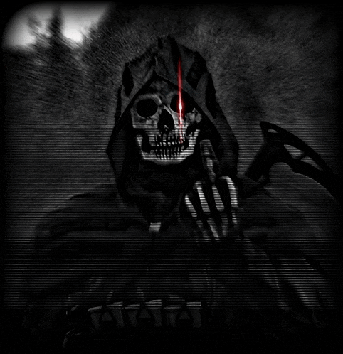 a grim reaper with a red light coming out of his mouth