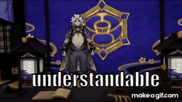 a video game character is standing in front of a wall with the words understandable written on it