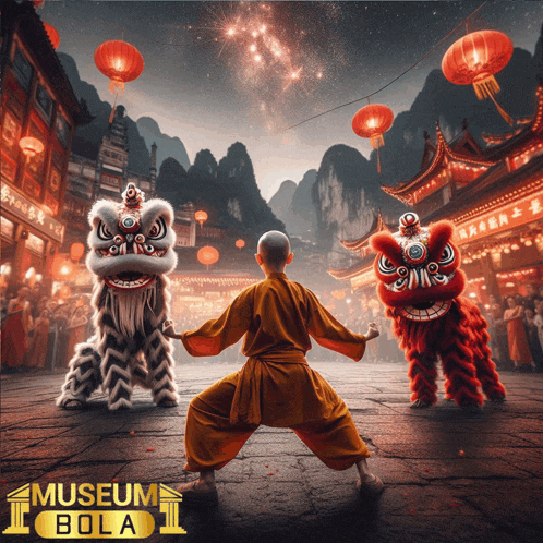 a poster for museum bola shows a monk dancing with a lion