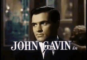 a black and white photo of a man with the name john gavin in the corner
