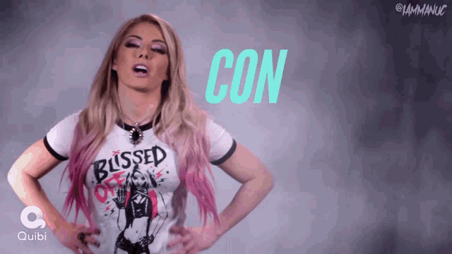 a woman wearing a t-shirt that says bussed off on it