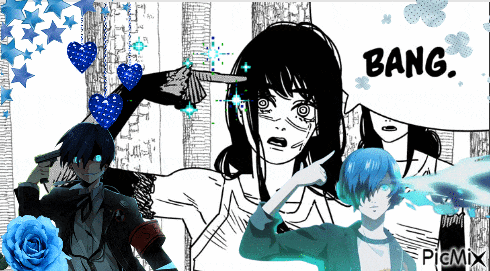 a collage of anime characters with bang written in black