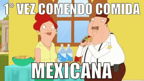 a cartoon of a man eating a hot dog with the words 1 vez comendo comida mexicana below him