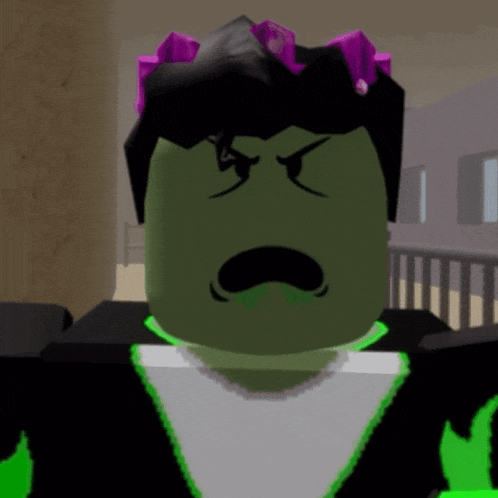 a green cartoon character with a mustache and a purple flower in his hair