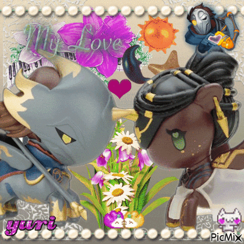 a picture of two ponies with flowers and the words my love