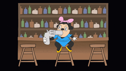 a cartoon of minnie mouse sitting at a bar
