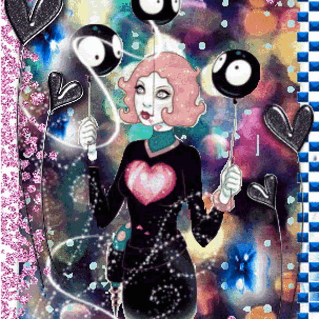 a painting of a woman holding balloons with hearts around her