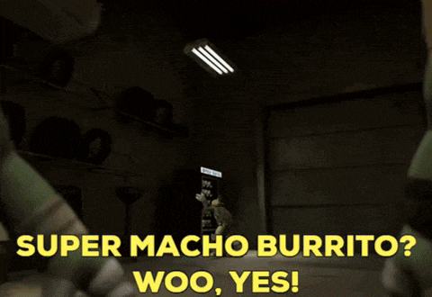 a teenage mutant ninja turtle is standing in front of a vending machine that says super macho burrito