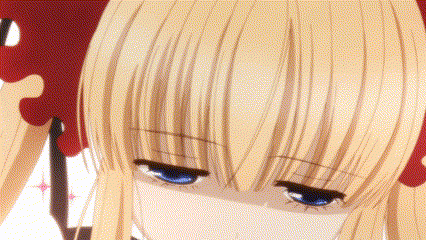 a blonde anime girl with blue eyes and a red bow on her head