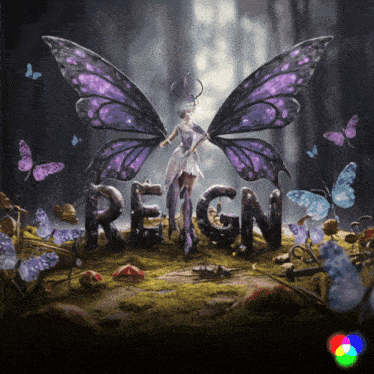 a picture of a fairy with purple wings and the word reign