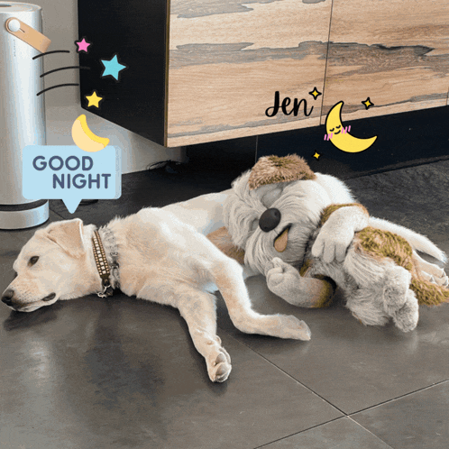 a dog is laying on the floor next to a stuffed animal and a sign that says " good night "