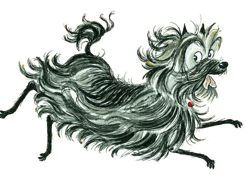 a drawing of a dog with a red collar is running