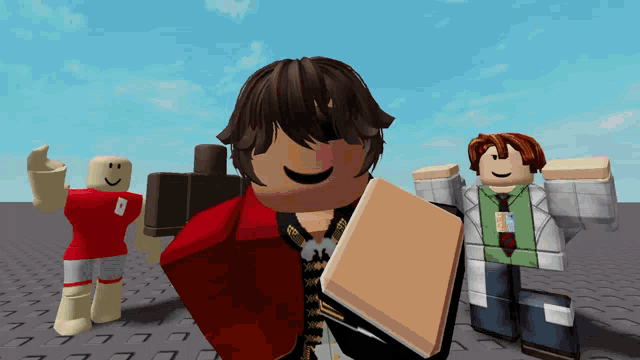 a man in a red jacket is holding a box in his hand
