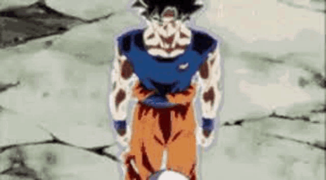 a cartoon of a man in a blue shirt and orange pants standing on a rocky surface .