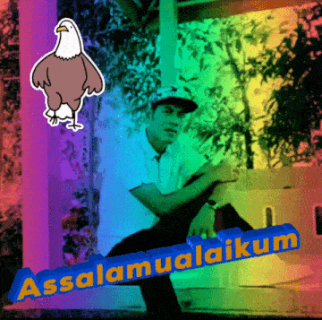 a man sits in front of a rainbow background with the words assalamualaikum on the bottom