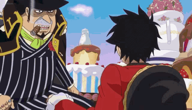 a man in a black and white striped suit is talking to a man in a red shirt