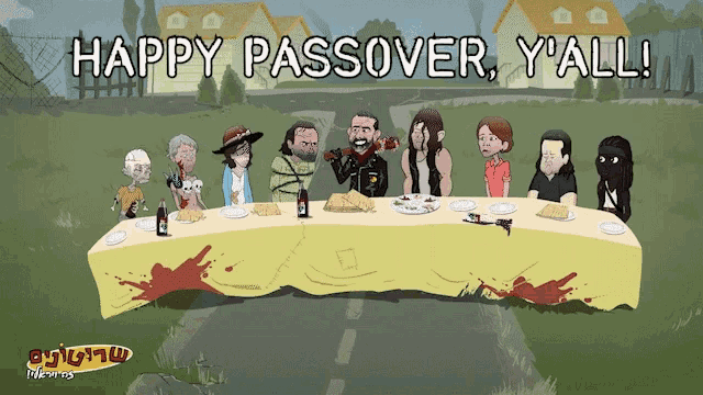 a cartoon of a group of people sitting around a long table with the words happy passover y'all