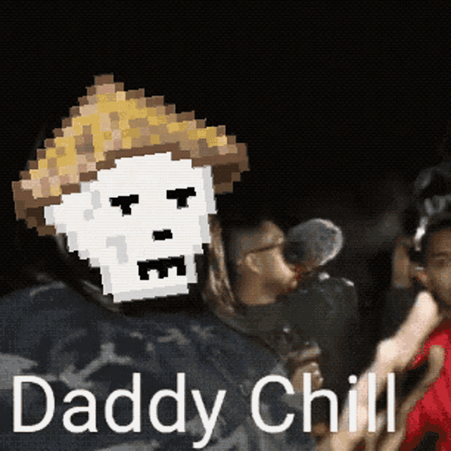 a pixel art of a skeleton wearing a straw hat with the words daddy chill on the bottom