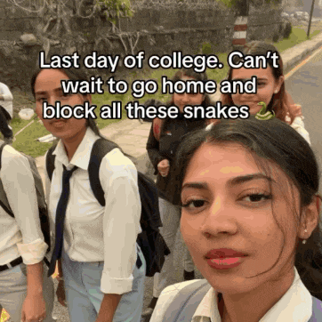 a group of girls standing on a sidewalk with a caption that says last day of college can 't wait to go home and
