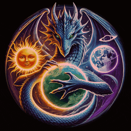a painting of a dragon surrounded by the sun the moon and the earth