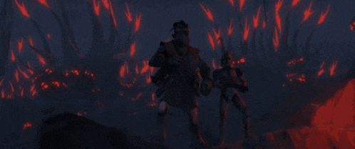 a couple of soldiers are walking in the dark