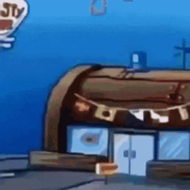 a cartoon drawing of a building with a sign that says spongebob
