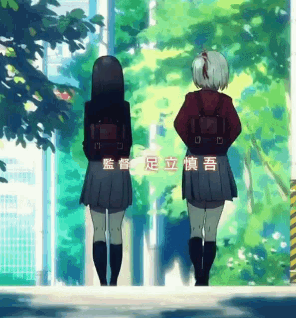 a couple of anime girls standing next to each other with chinese writing behind them