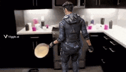 a man in a video game is holding a pan in a kitchen .