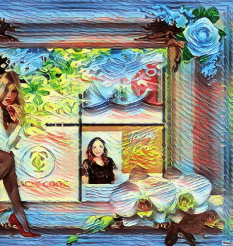 a painting of a woman sitting in front of a window with cbs logo on it