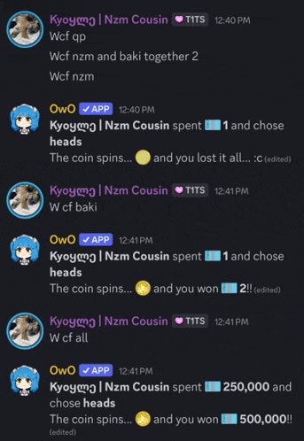 a screenshot of a conversation between kyoymg nzm cousin and wcf nzm