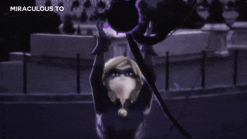a purple explosion with the words `` cat noir '' written on the bottom .
