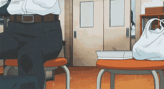 a cartoon of a man sitting on a stool with a white bag on the table