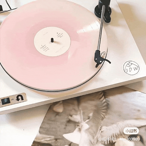 a record player with a pink record and a sticker that says odw