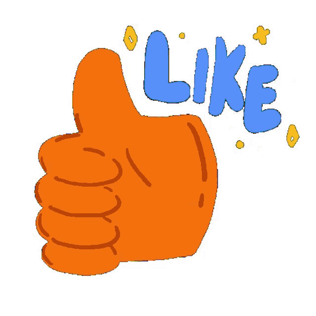 a blue hand is giving a thumbs up and the word like is coming out of it