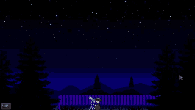 a pixel art drawing of a man looking through a telescope at night