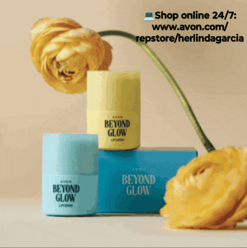 three bottles of avon beyond glow are stacked on top of each other