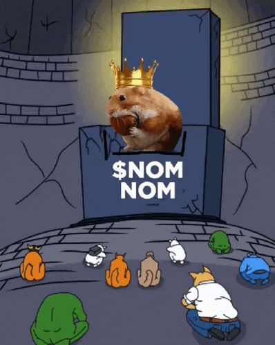 a cartoon of a hamster wearing a gold crown with the words $ nom nom behind it