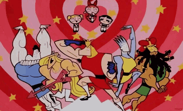 a group of cartoon characters are dancing in front of a heart with stars
