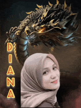 a woman in a hijab is standing in front of a dragon with the name diana written on it