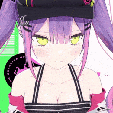 a girl with purple hair and yellow eyes is wearing a hat with hololive on it